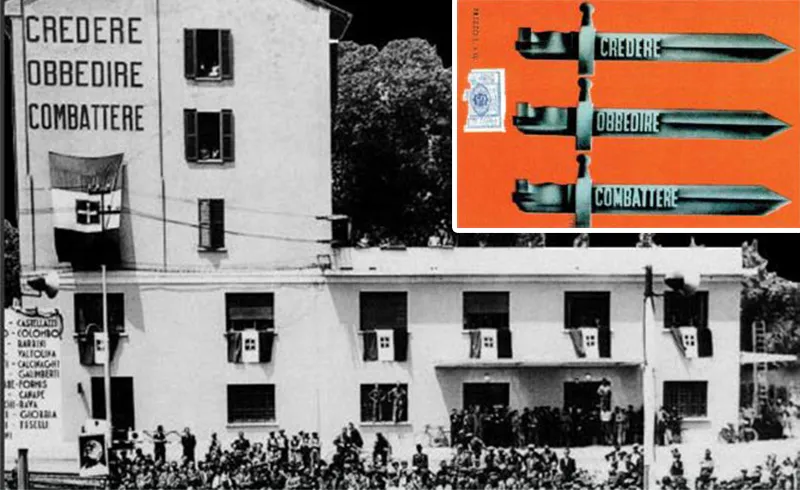 Təbliğat üsullarından Mussolini də istifadə etdi. Yuxarıda İtaliya faşizmini və onun bütpərəst təməllərini əks etdirən yüzlərlə faşist nəşrdən bəziləri görünür.