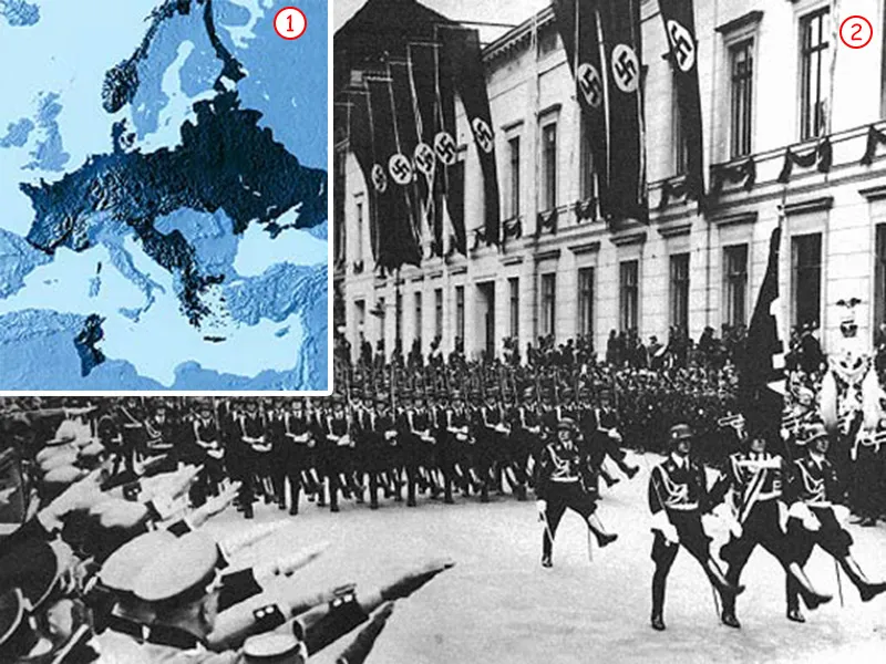 Faşizmin işğalçı siyasətinin ən bariz nümunəsi Nasist Almaniyasıdır. Yandakı xəritədə 1942-ci ilin sonlarına doğru nasist işğalı altındakı torpaqlar tünd rənglə