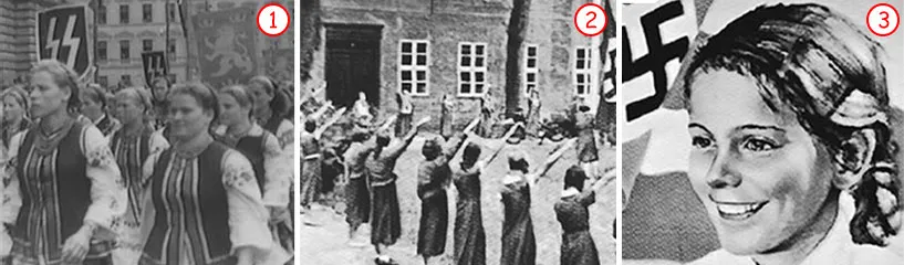 "İrq istehsalı fermaları". 1. Qeyri-qanuni münasibətlərlə alman irqinə "təmiz körpələr" hədiyyə etmək üçün seçilən gənc qadınlar 2. Çoxalma fermalarından birind