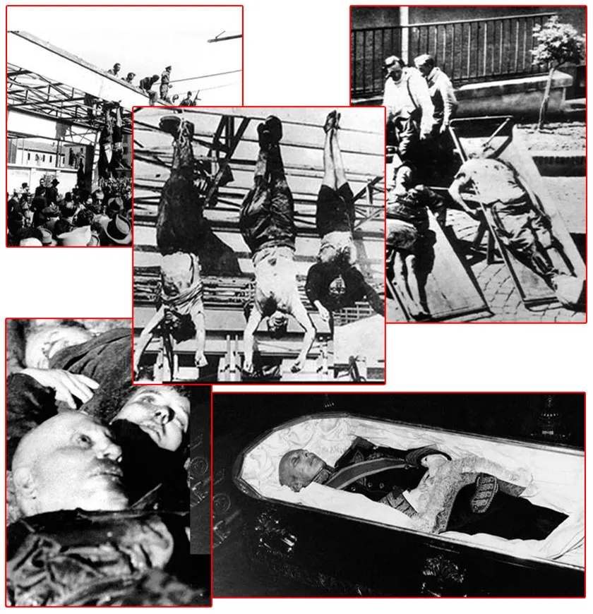 İbrətamiz son. Mussolini və sevgilisi əvvəlcə xalq tərəfindən linç edildi, sonra Milanda ayaqlarından meydana asıldı. Cəsədləri günlərlə ibrət üçün nümayiş etdi