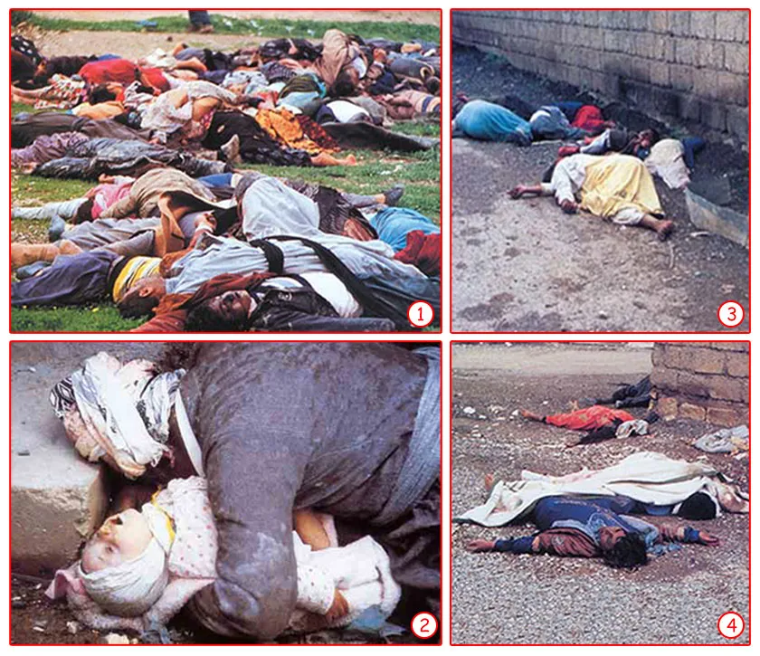 Səddamın Hələbçə qırğını. Səddam Hüseyn 1988-ci ildə İraqın şimalındakı Hələbçə qəsəbəsini hakimiyyətinə boyun əymədiyi bəhanəsi ilə kimyəvi silahlarla vurdurdu